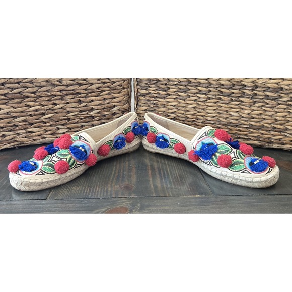 TORY BURCH Ellis Pom-pom‎ Embroidered Leather Textile Espadrille Flats 7.5 Shoes - Picture 9 of 13